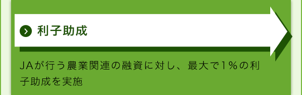 利子助成　JAが行う農業関連の融資に対し、最大で1％の利子助成を実施