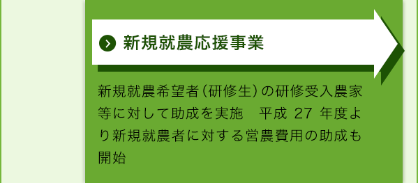 新規就農応援事業　新規就農希望者(研修生)の研修受入農家等に対して助成を実施平成27年度より新規就農者に対する営農費用の助成も開始